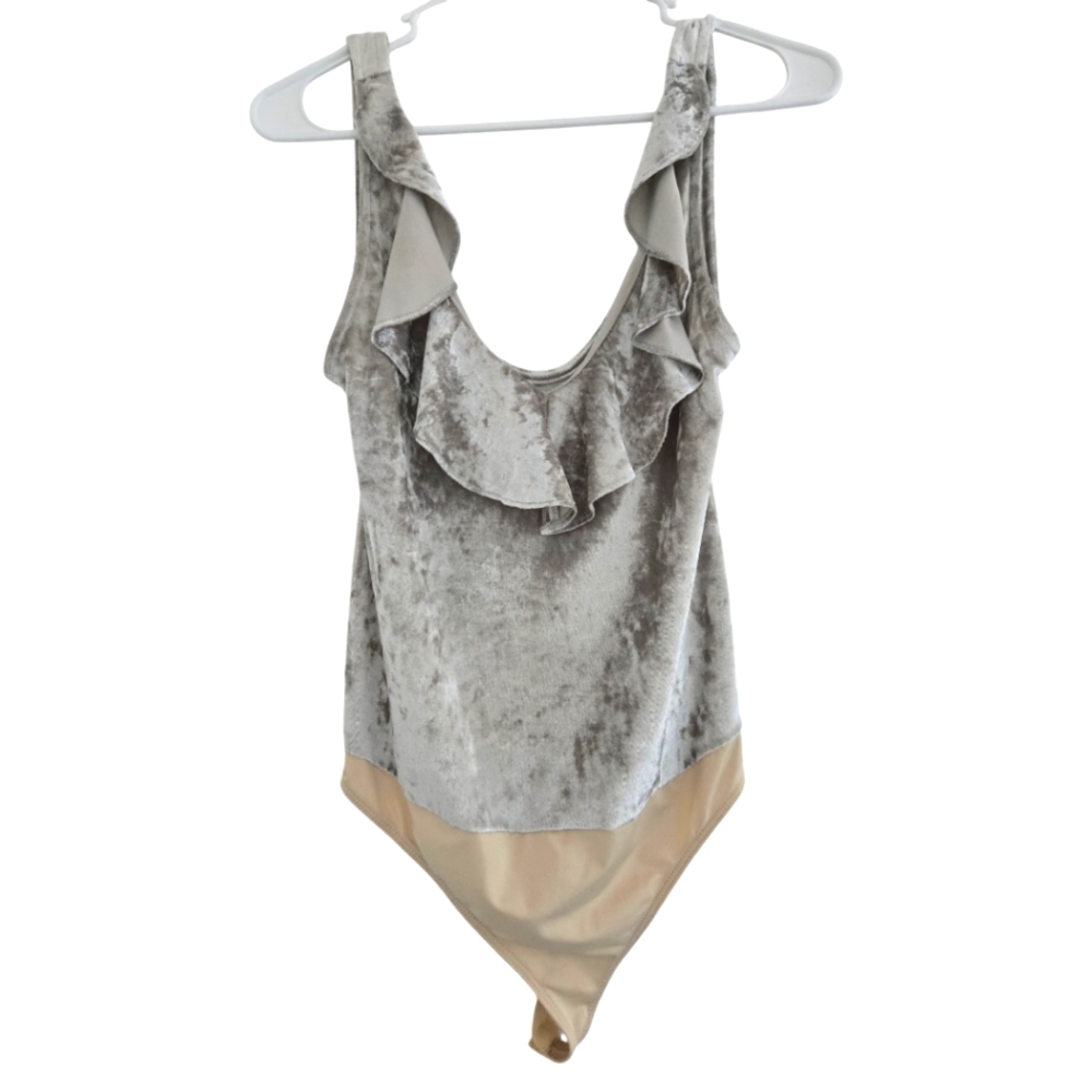 Velvet Ruffle Bodysuit in Gray and Tan